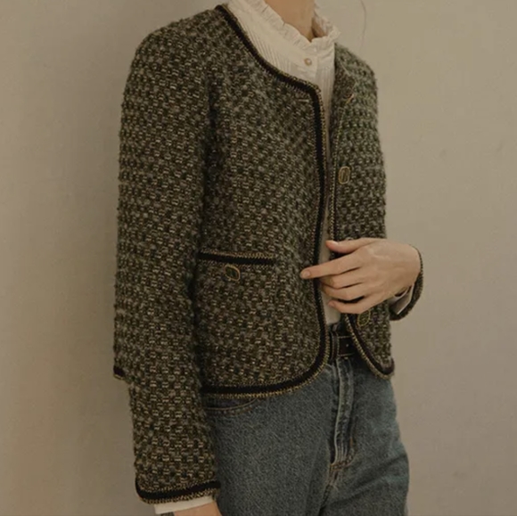 LENINA Coco Cropped Tweed Jacket Black and Green One Size - Picture 5 of 11